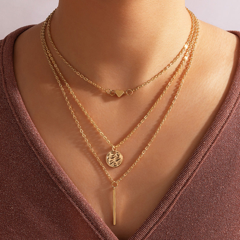 Heart Pendant Three-Layer Necklace - Gold