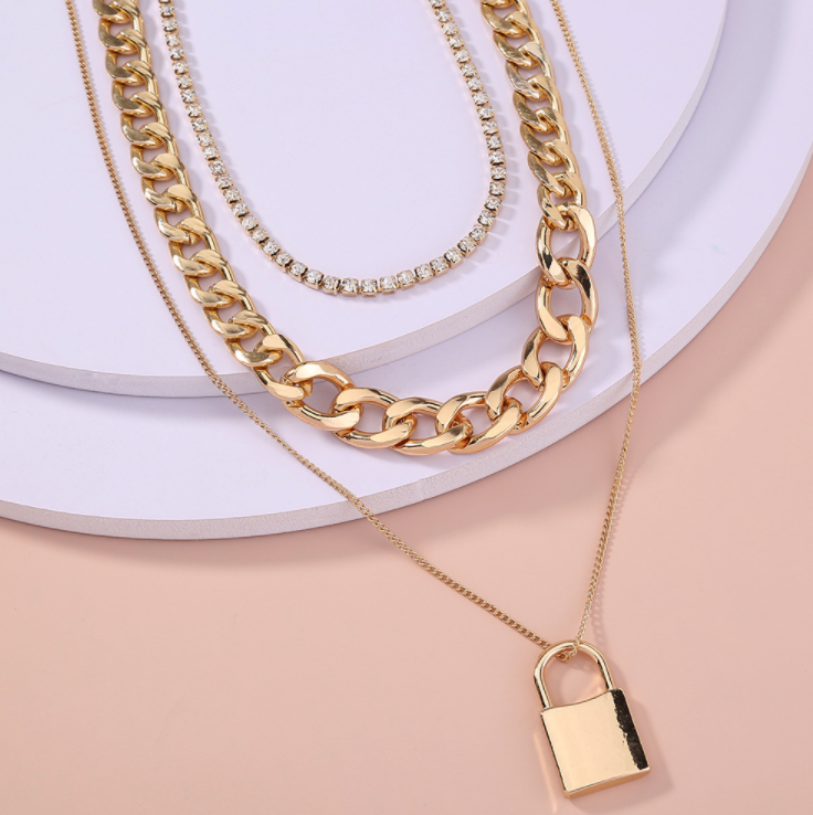 Lock and Diamond Layered Necklaces