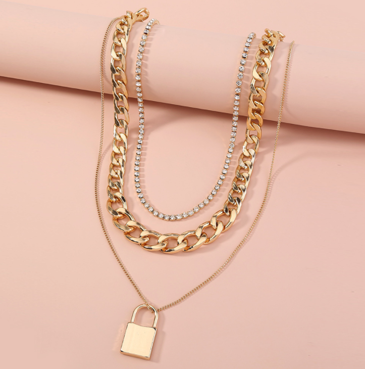 Lock and Diamond Layered Necklaces