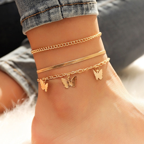 Three-Layer Butterfly Chain Anklet