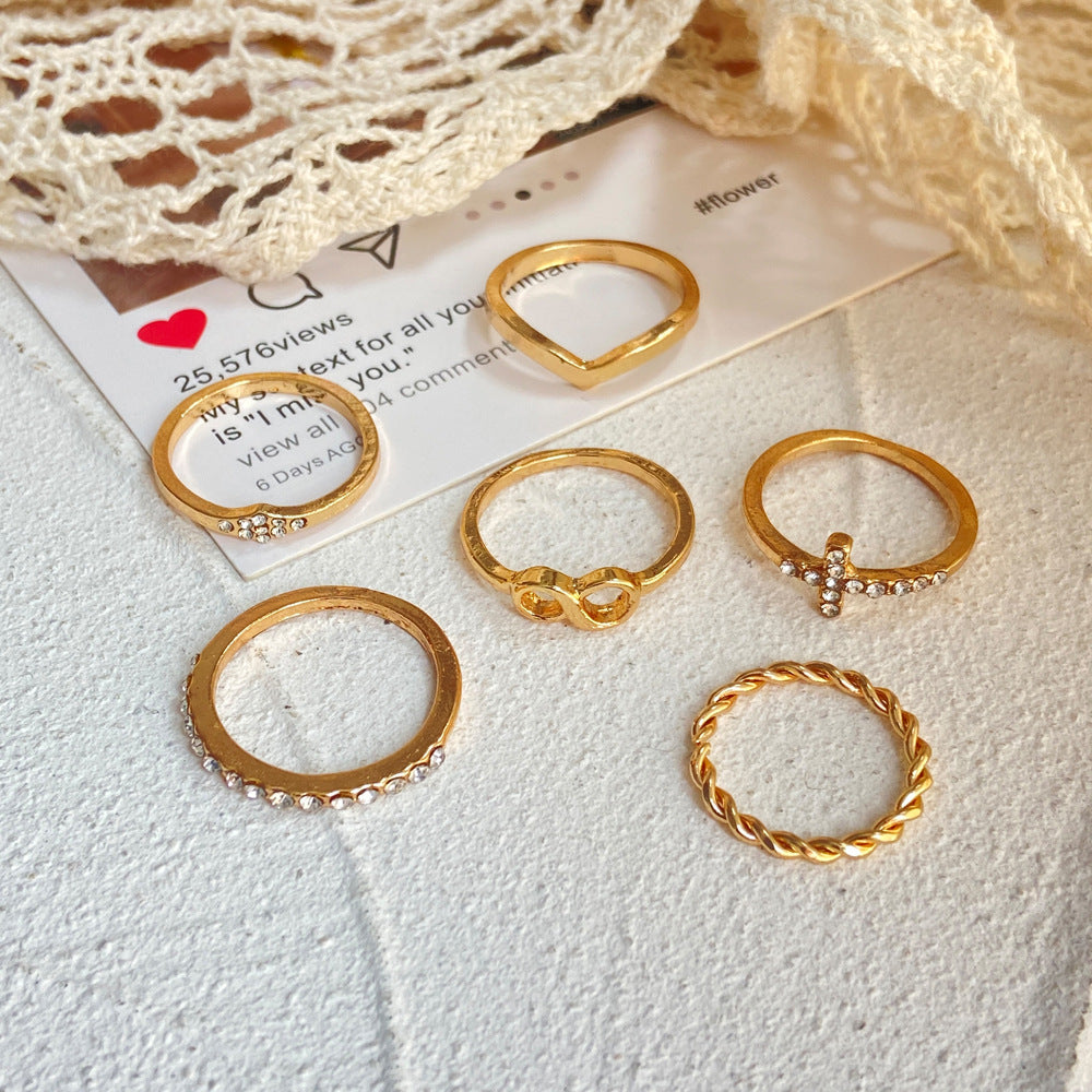 Gold Rhinestone Ring Set - 6 Piece